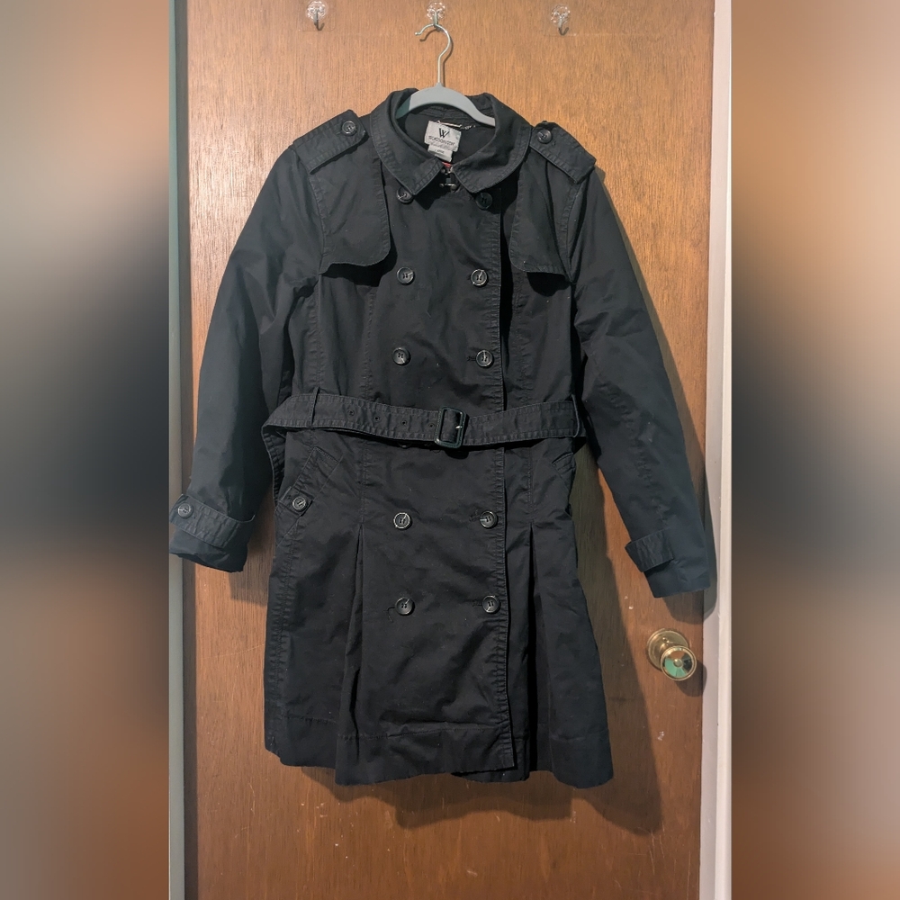 Women's Black Trench Coat Pea Coat Knee Length Worthington Size Large - Picture 11 of 11